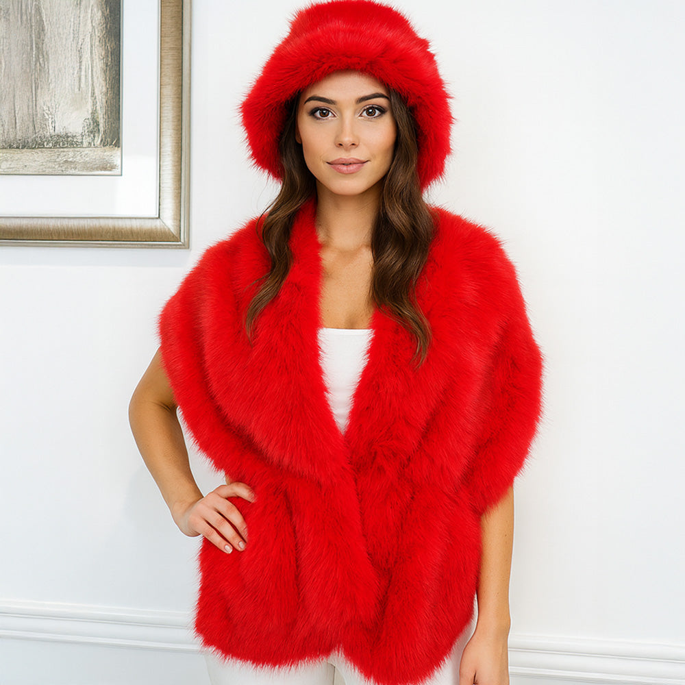 Red Faux Fur Shawl Wrap Poncho
