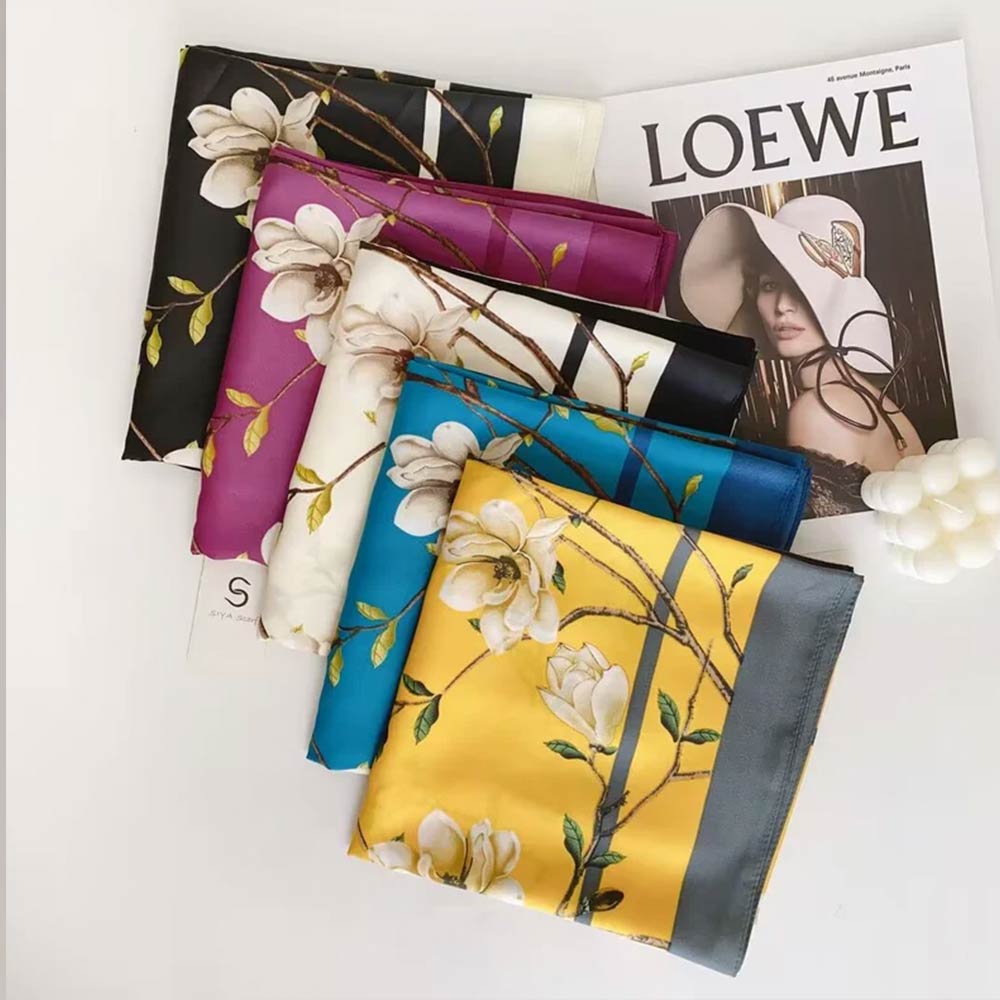 Madeline Love Turquoise Silk Feel Magnolia Floral Print Square Scarf - Scarves & Wraps - desc