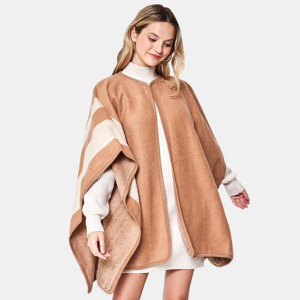 Camel Striped Button Closure Cape Ruana Poncho