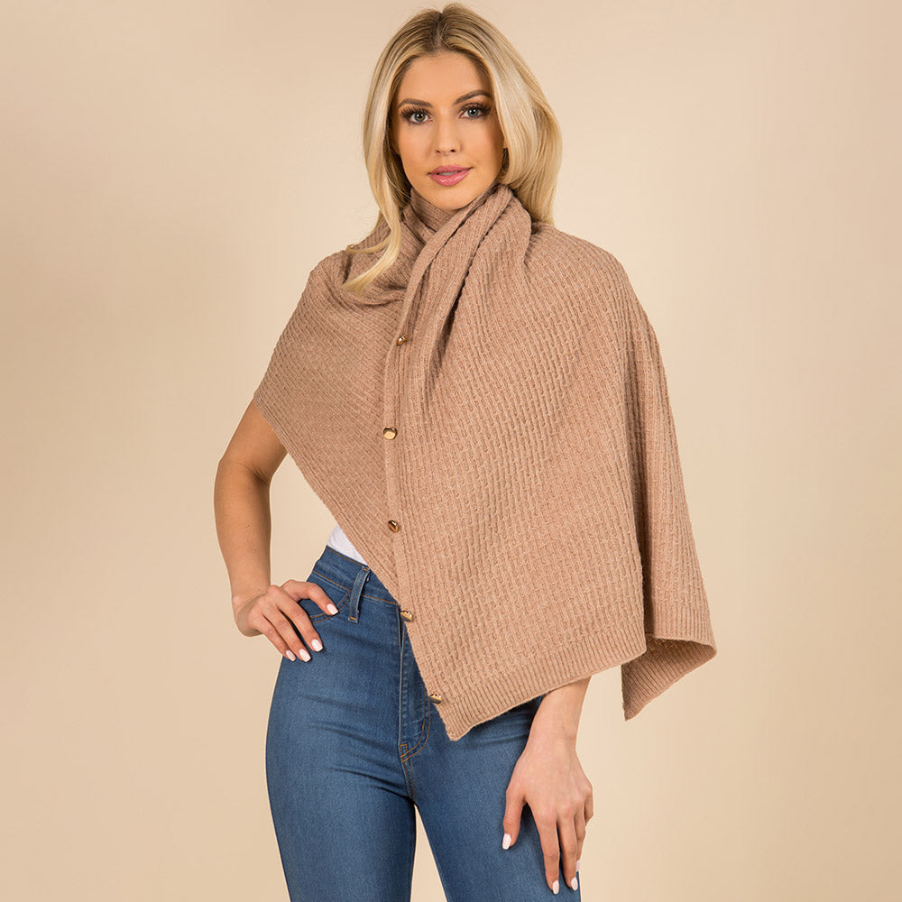 Tan Convertible Button Up Waffle Knit Shawl Cape Poncho
