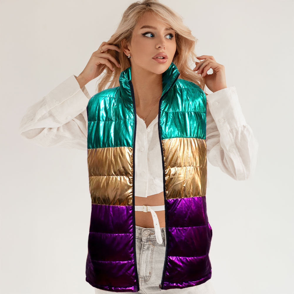 Multi Mardi Gras Color Block Puffer Vest