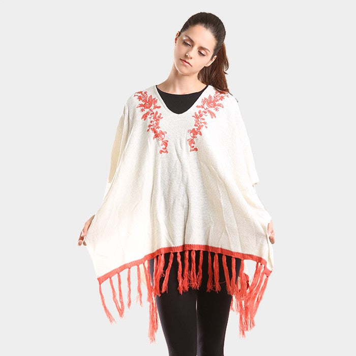 Coral Embroidered flower vine & tassel poncho sweater
