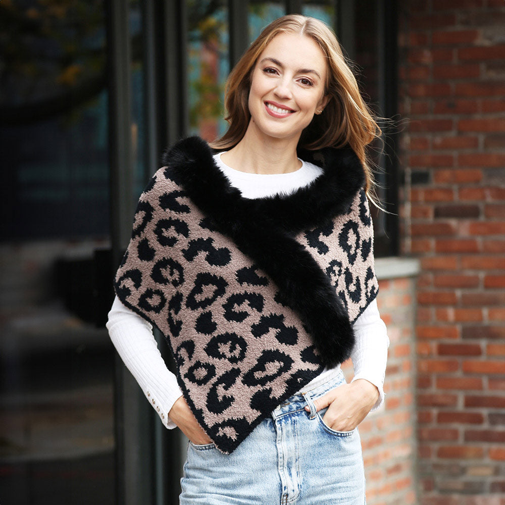 Brown Faux Fur Trim Leopard Pattern Shawl Wrap