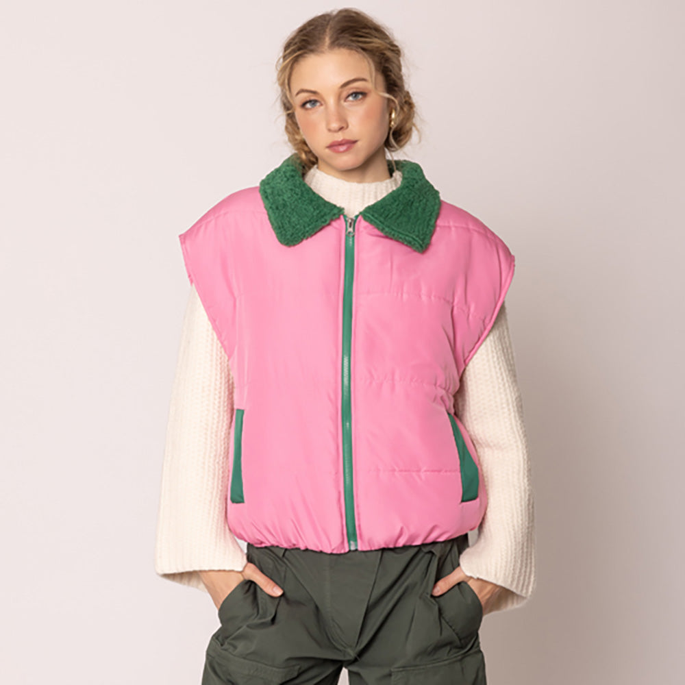 Pink&Green Zip-Up Shearing Collar Puffer Vest