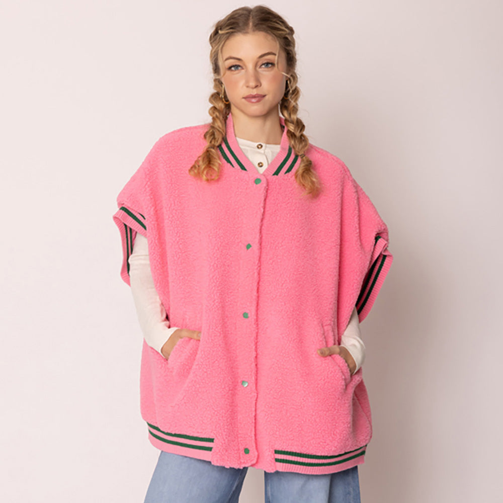Pink&Green Button Up College Sherpa Varsity Vest