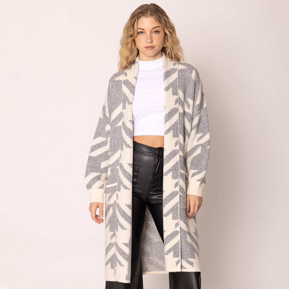 Gray Open Front Houndstooth Pattern Long Cardigan