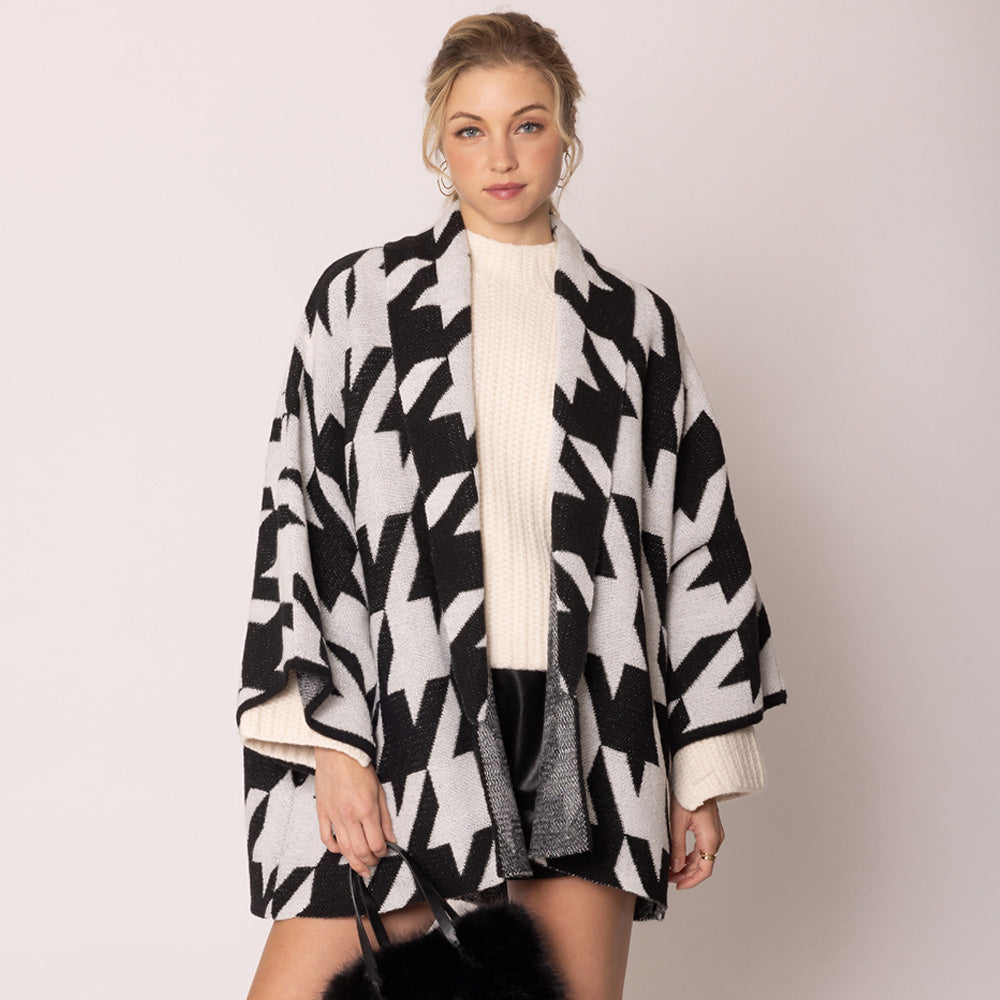 Black Open Front Houndstooth Knit Pattern Cardigan
