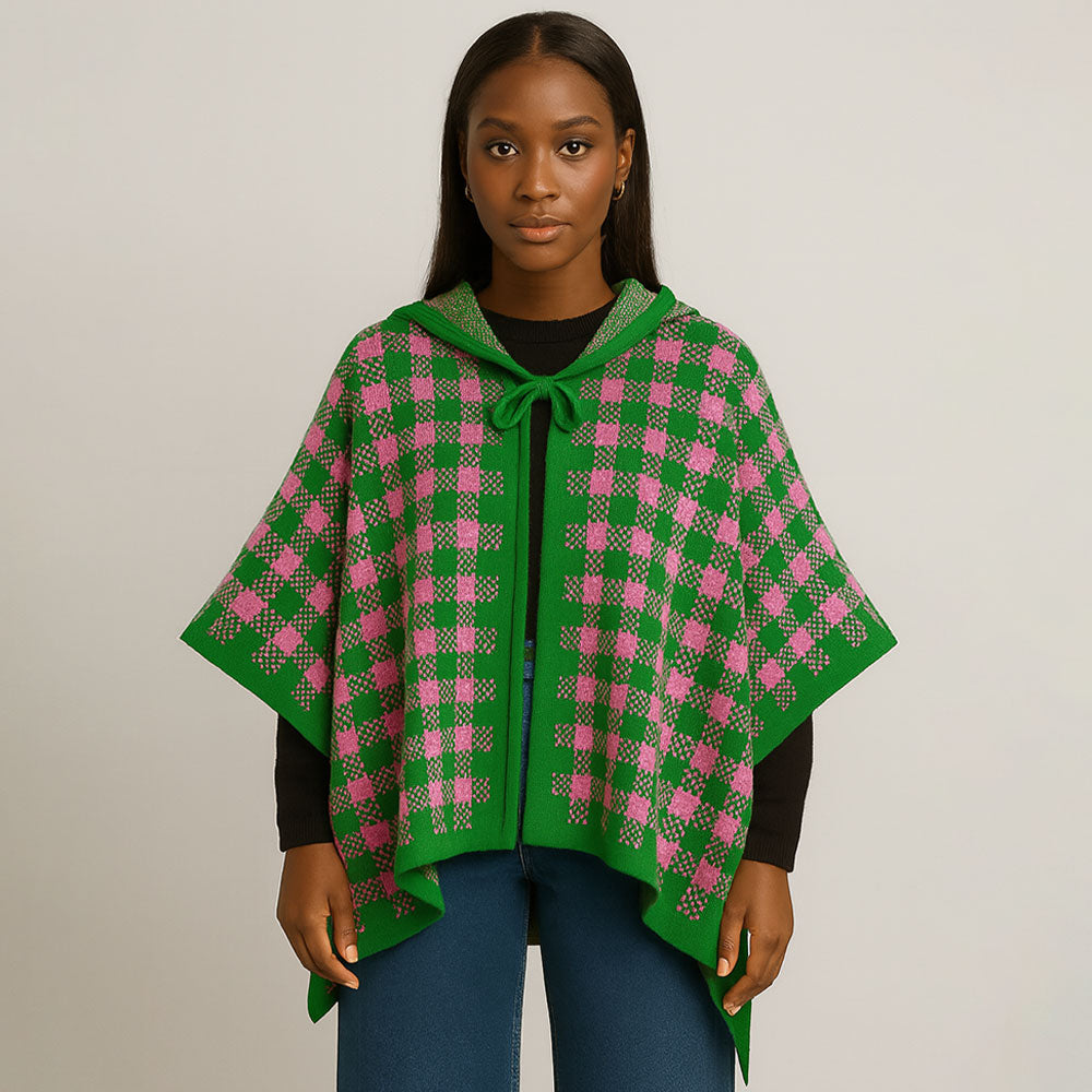Pink&Green Hooded Checkered Pattern Knit Cape Poncho
