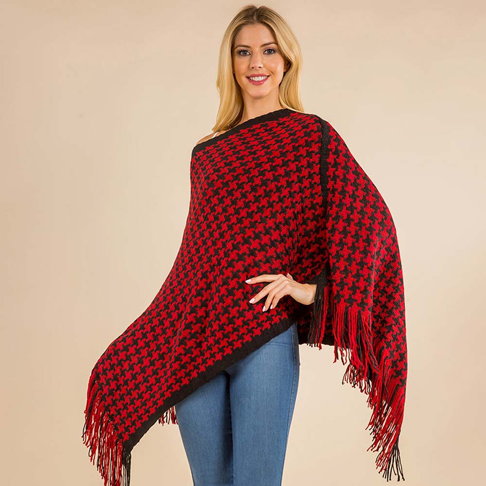 Red Fringe Hem Houndstooth Knit Poncho