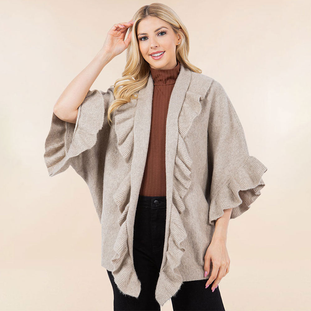 Tan Solid Ruffle Accent Kimono Poncho