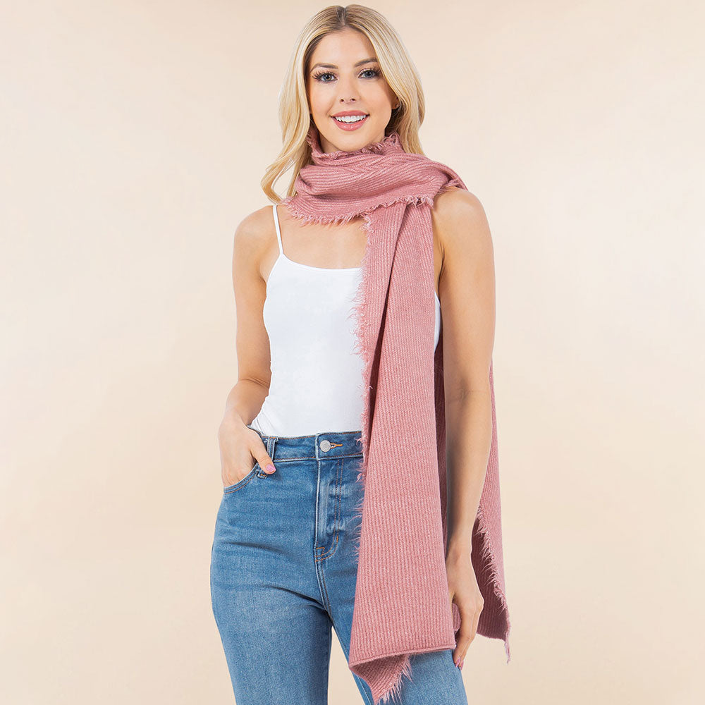 Pink Cozy Soft Brushed Raw Edge Trim Scarf / Poncho