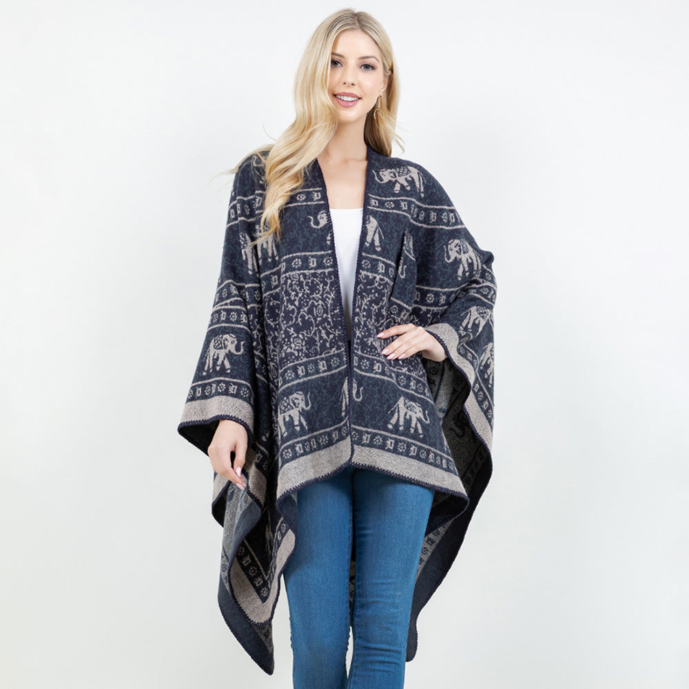Navy Open Front Elephant Pattern Print Shawl Wrap Poncho with Loop