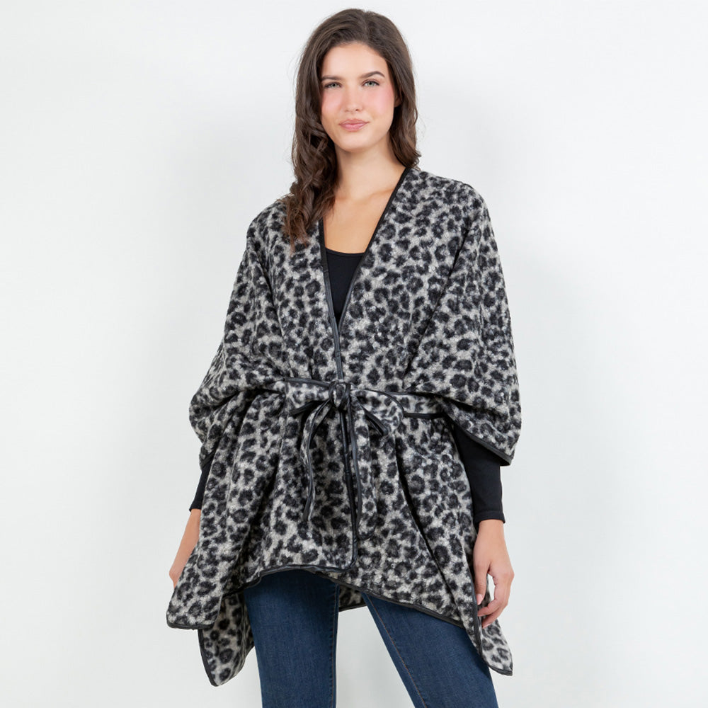 Gray Open Front Leopard Pattern Wrap Poncho with Belt