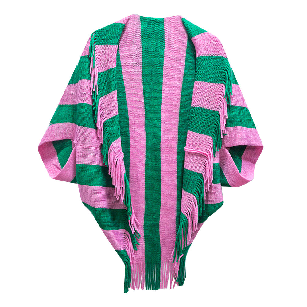 Madeline Love Pink&Green Open Front Striped Fringe Cocoon Shawl Wrap - Hair Accessories - desc