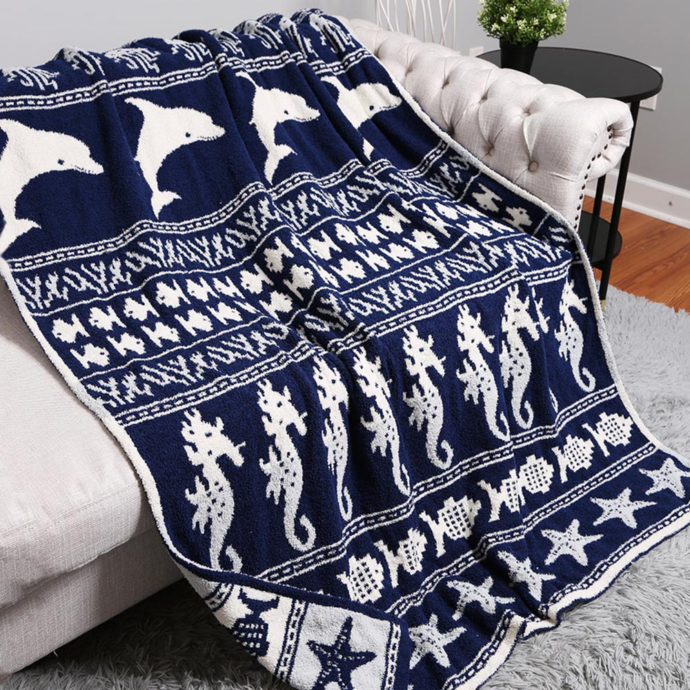 Navy Dolphin Seahorse Fish Starfish Patterned Reversible Throw Blanket