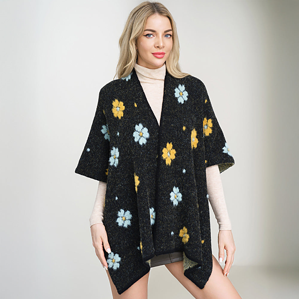 Madeline Love Black Cozy Relaxed Fit Open Front Floral Pattern Poncho - Jewelry