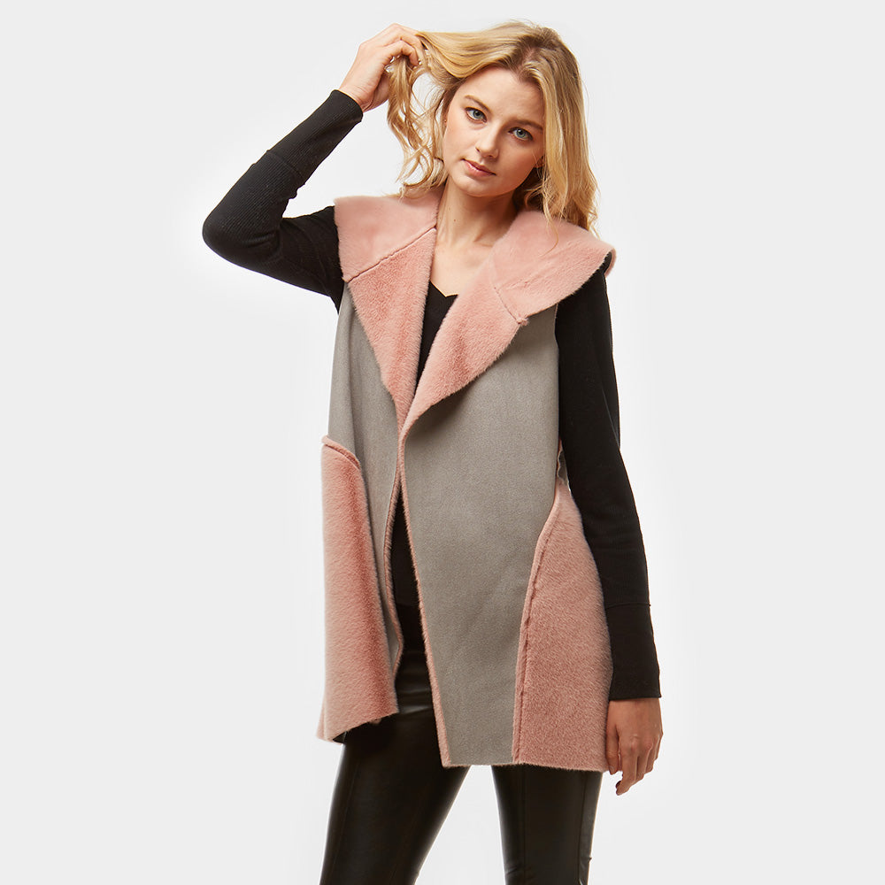 Gray, Pink Faux Suede Faux Fur Lining Vest