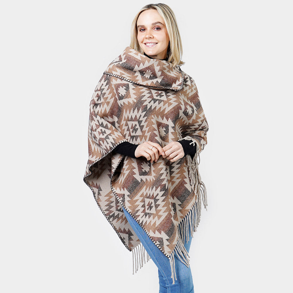 Brown Western Pattern Tassel Poncho