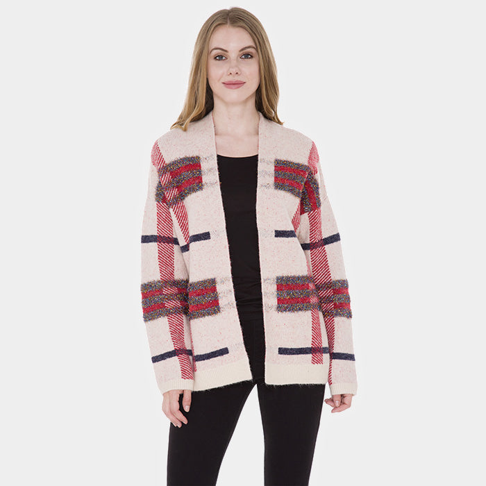 Beige, Burgundy Plaid Check Cardigan