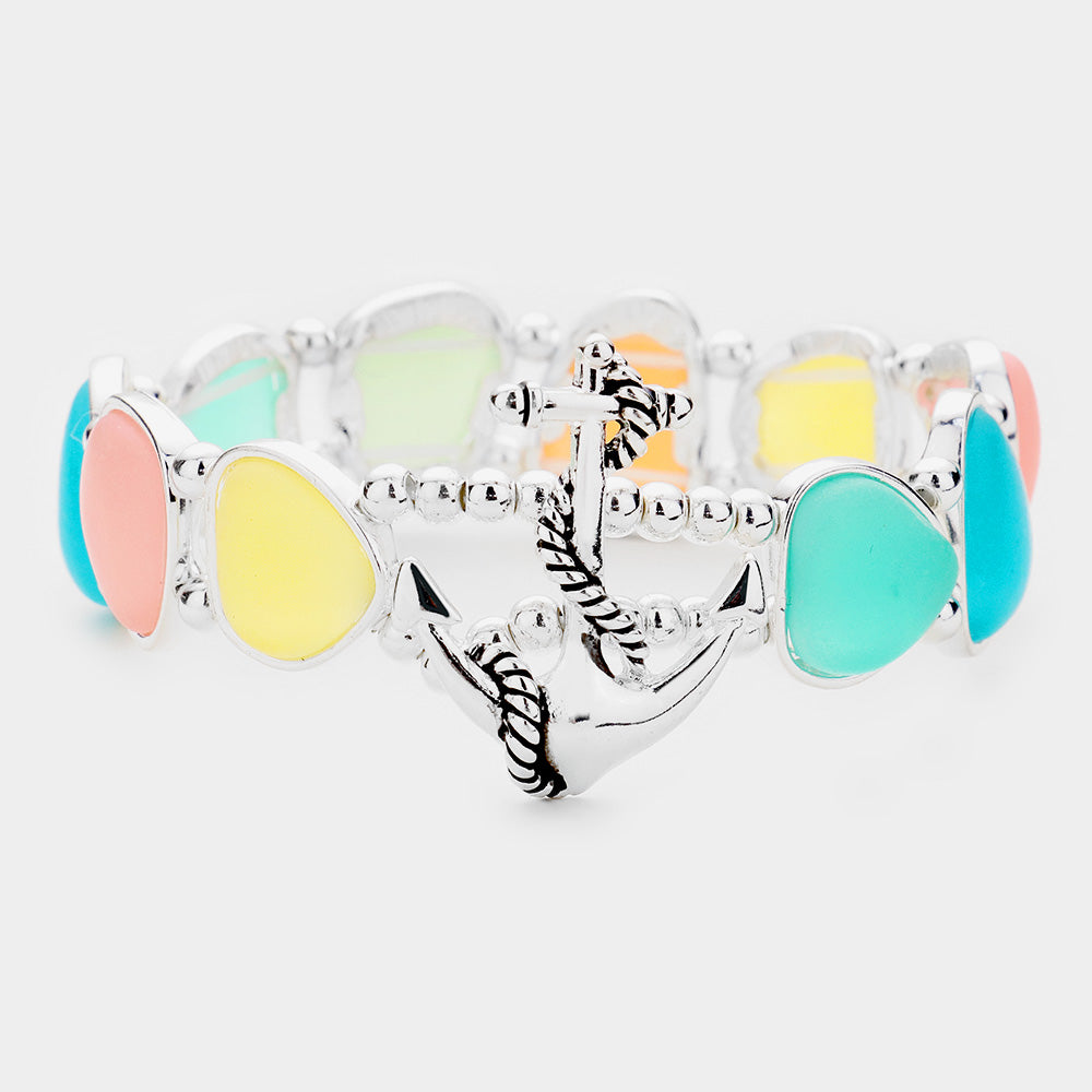 Madeline Love Antique Silver, Multi Anchor Sea Glass Stretch Bracelet - Jewelry