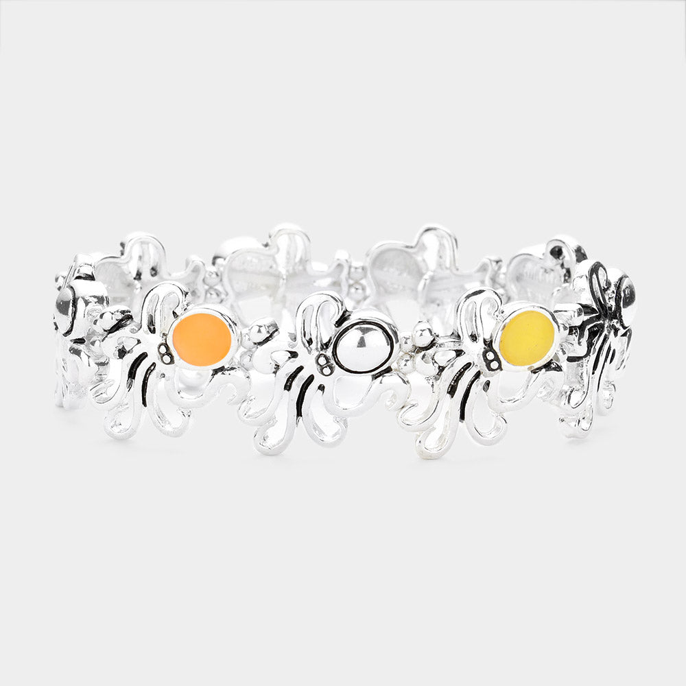 Multi Sea Glass Accented Metal Octopus Cluster Stretch Bracelet