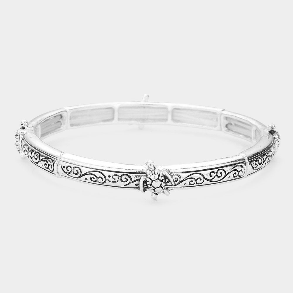 Madeline Love Antique Silver Turtle Accented Antique Metal Stretch Bracelet - Bracelets