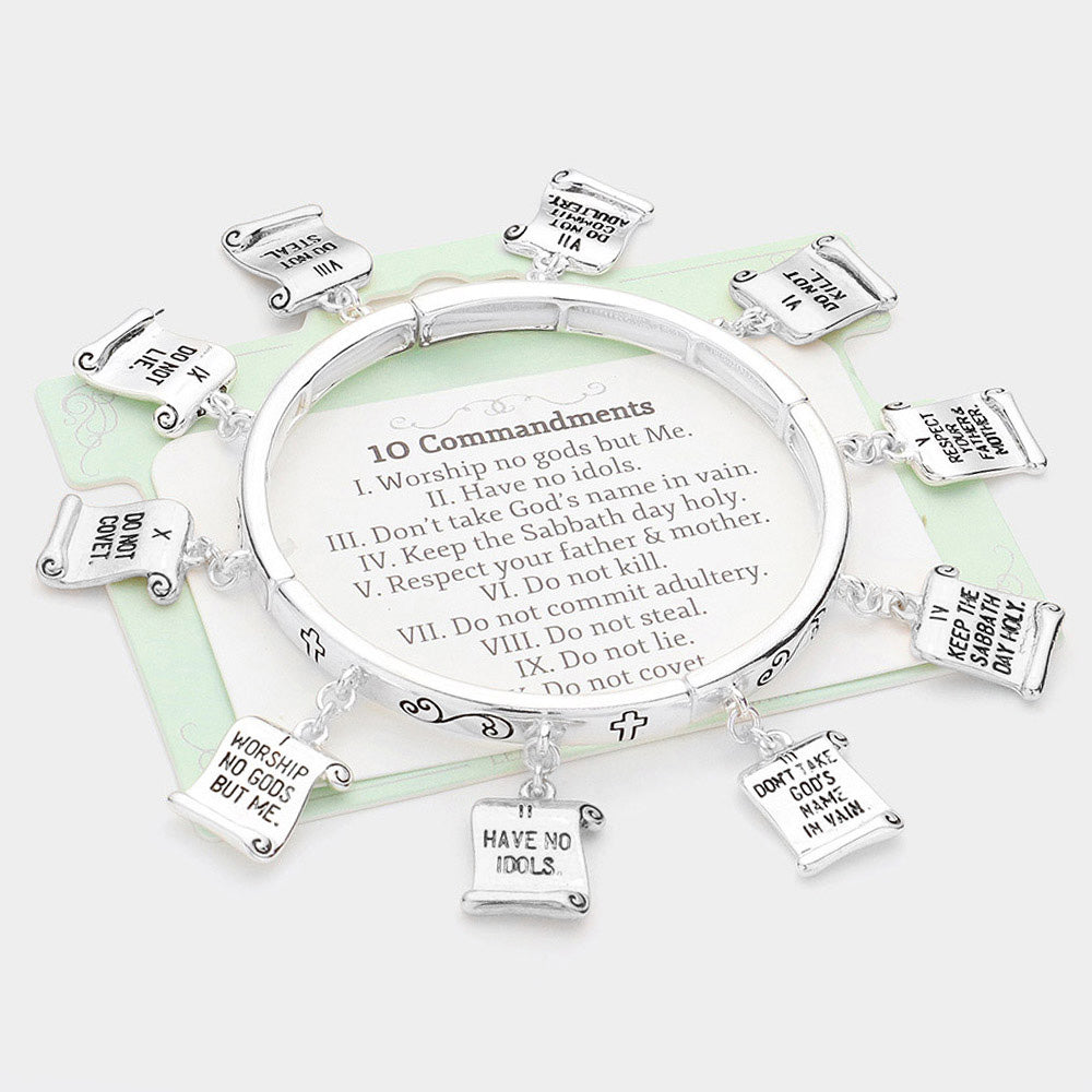 Madeline Love Antique Silver 10 Commandments Message Charm Around Stretch Bracelet - Bracelets