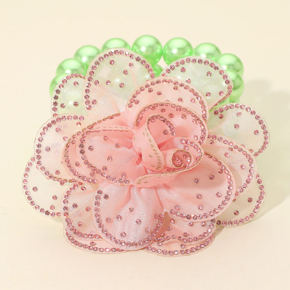 Madeline Love Pink&Green Bling Studded Fabric Flower Statement Faux Pearl Beaded Stretch Bracelet - Bracelets