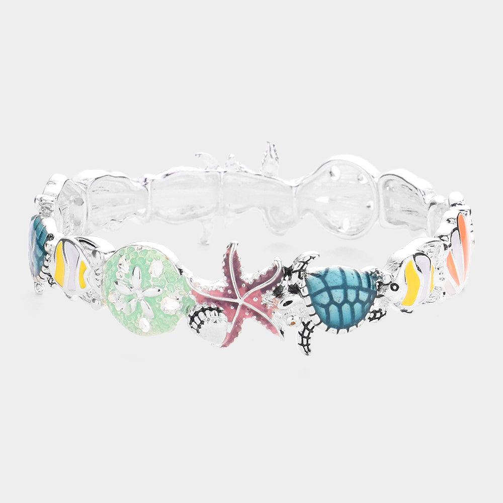 Madeline Love Multi Enamel Sand Dollar Starfish Turtle Fish Shell Stretch Bracelet - Bracelets