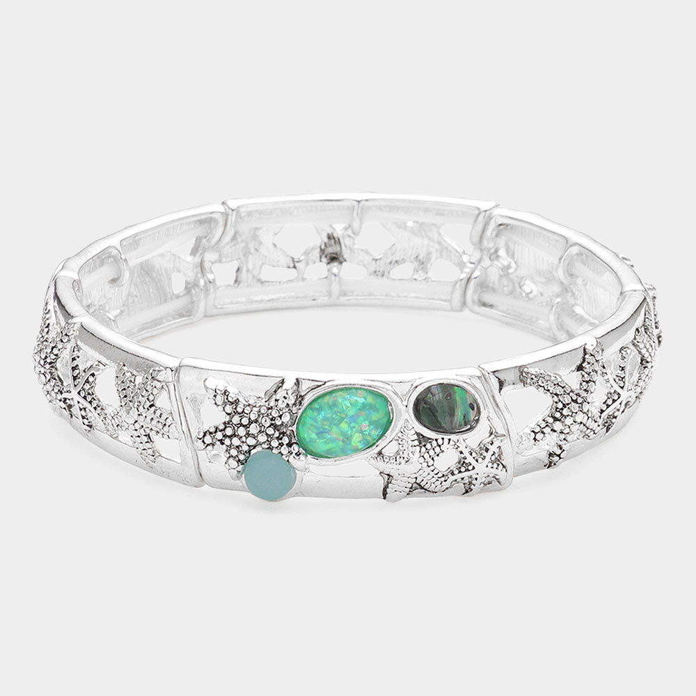 Madeline Love Antique Silver, Multi Abalone Starfish Pointed Stretch Bangle Bracelet - Bracelets