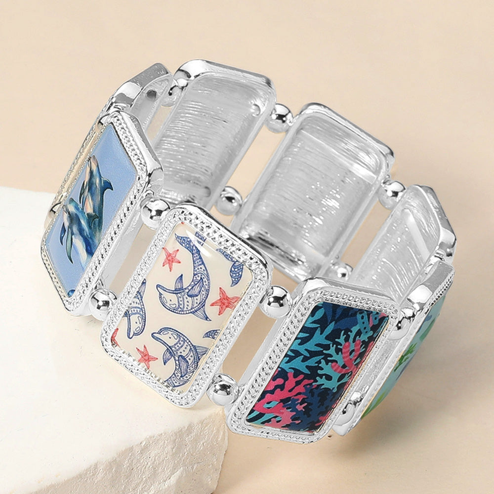 Multi, Silver Rectangular Dolphin Epoxy Cluster Link Stretch Bracelet