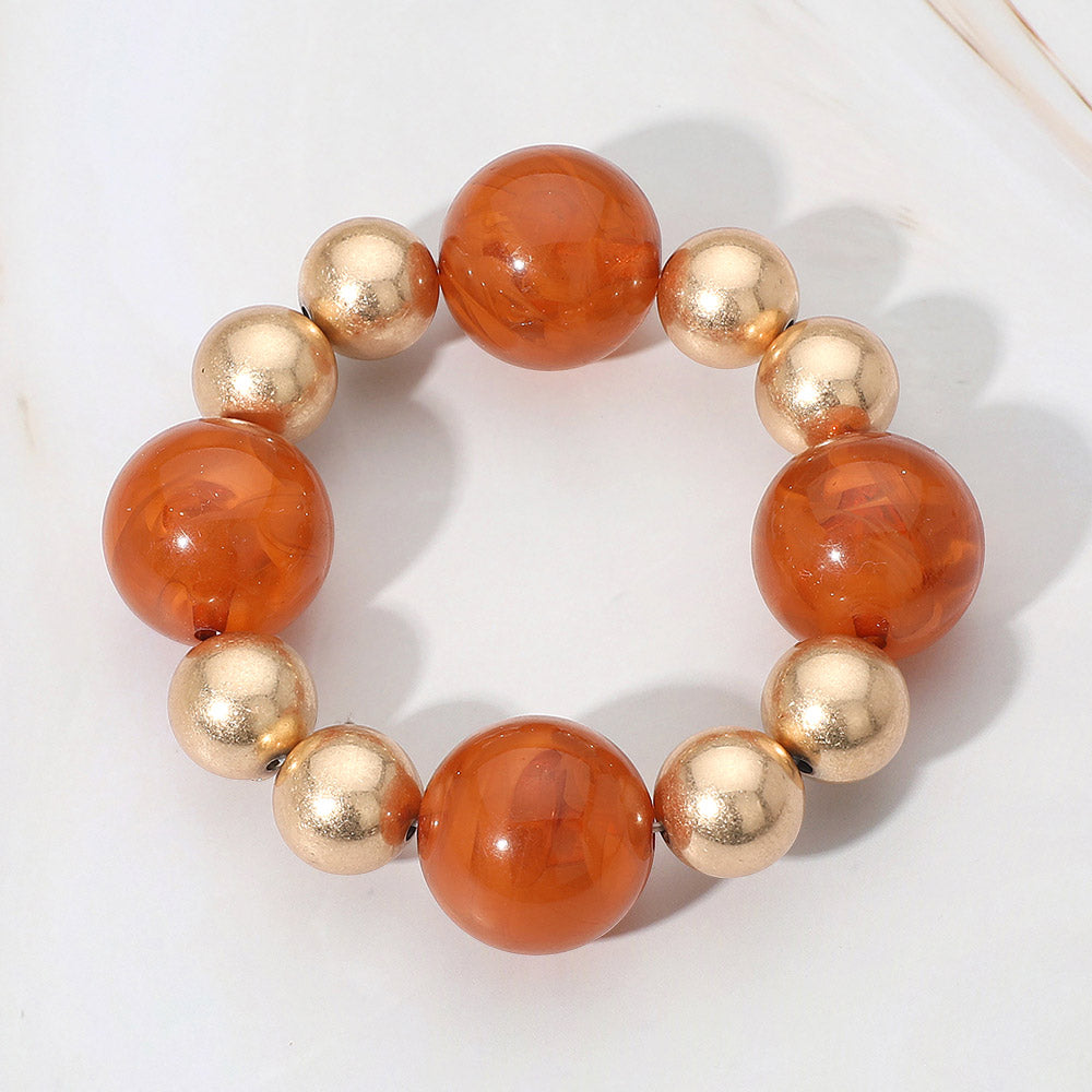 Madeline Love Brown, Light, Worn Gold Metal Ball Bold Marbled Resin Ball Beaded Stretch Bracelet - Bracelets