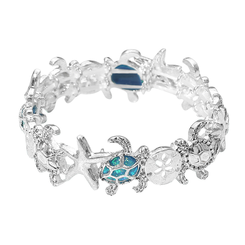 Madeline Love Antique Silver, Blue Coastal Starfish Sea Turtle Sand Dollar Link Stretch Bracelet - Bracelets - desc