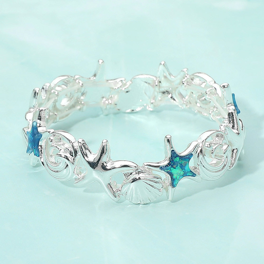 Madeline Love Blue, Silver Coastal Starfish Shell Wave Link Stretch Bracelet - Bracelets