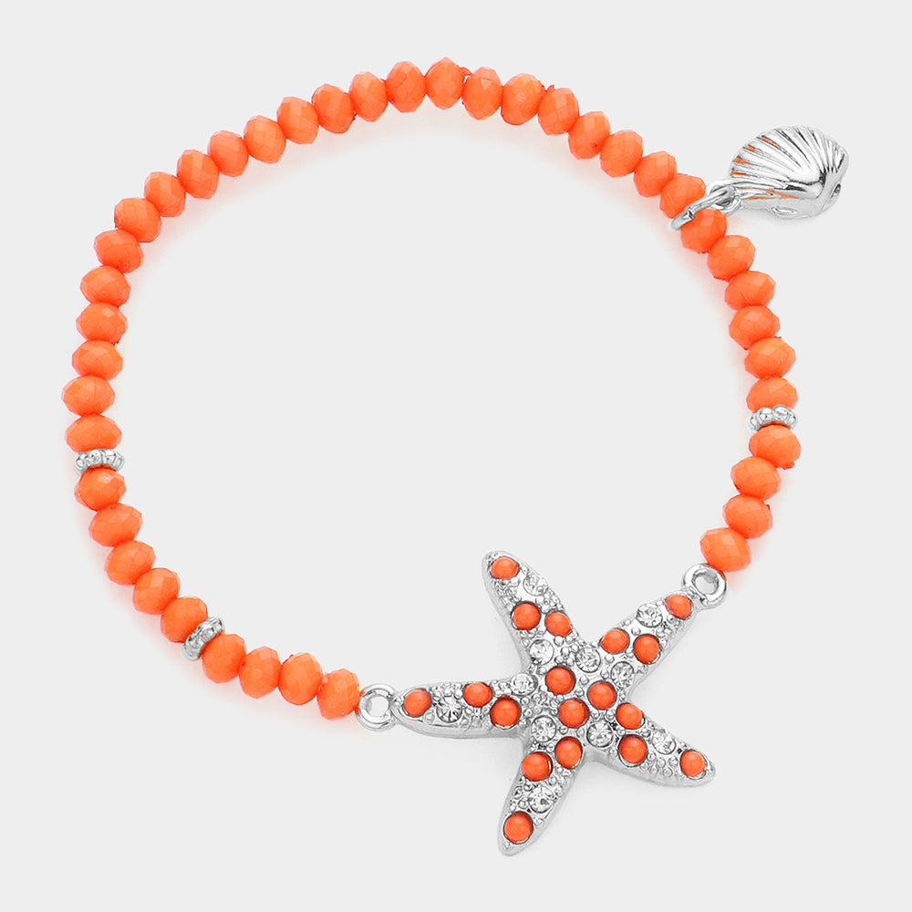 Orange, Rhodium Starfish Shell Charm Beaded Stretch Bracelet