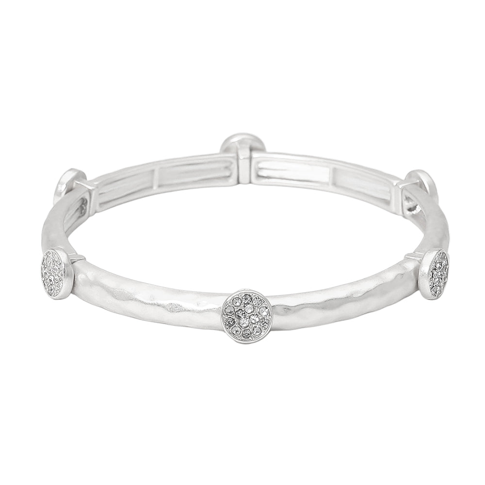 Madeline Love Silver Stone Pave Disc Accent Hammered Metal Stretch Bracelet - Bracelets - desc