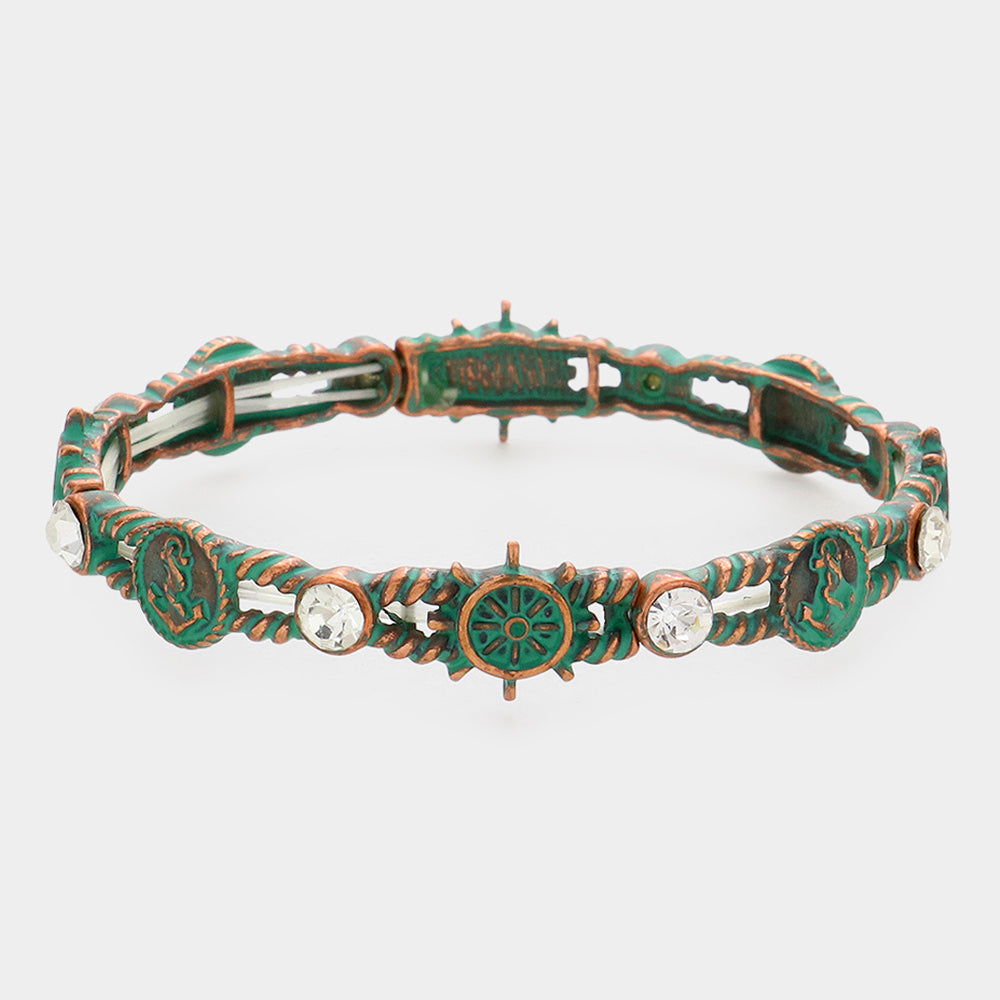 Patina Verdigris Anchor Helm Nautical Rope Textured Stretch Bracelet