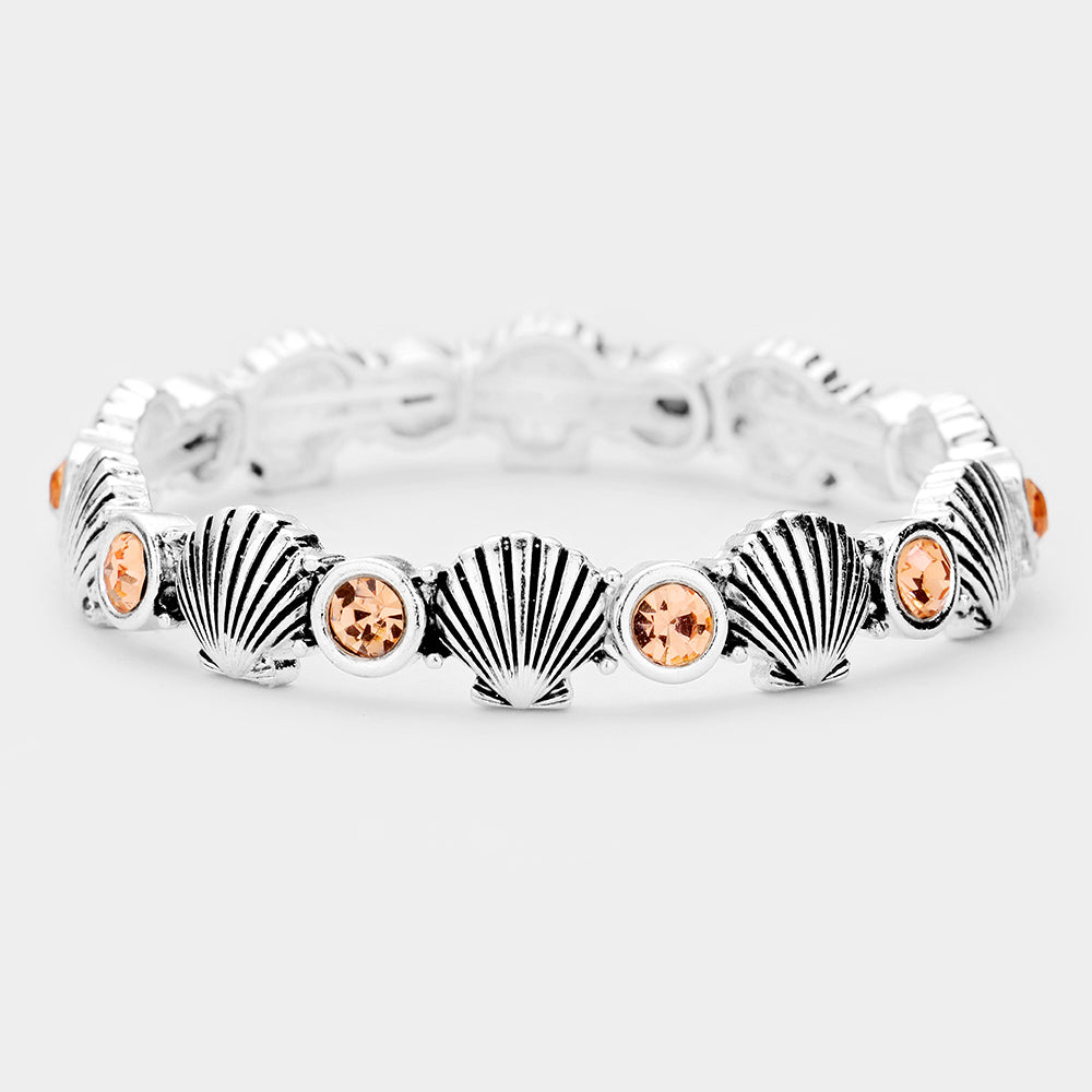 Peach Metal Shell Stone Embellished Stretch Bracelet