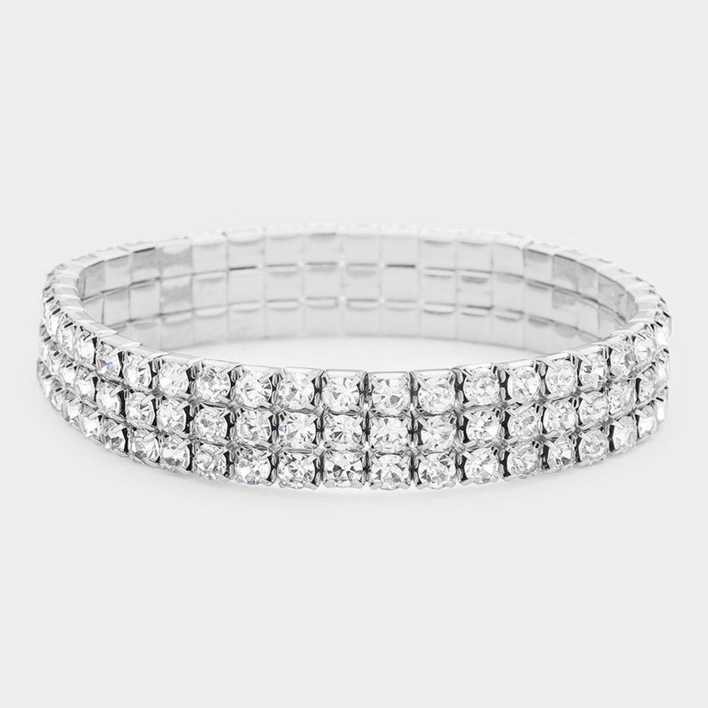 Madeline Love Clear, Silver 3-Row Rhinestone Stretch Bracelet - Bracelets