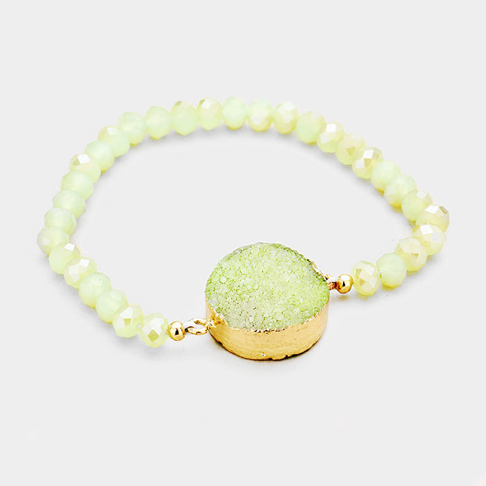 Madeline Love Green Faceted Beaded Genuine Round Druzy Detail Stretch Bracelet - Bracelets