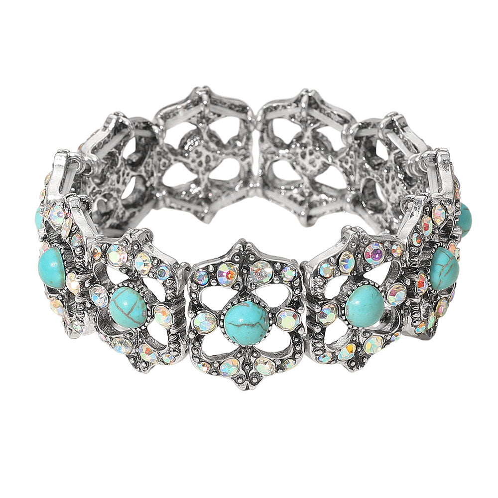Madeline Love Silver Burnished, Turquoise Stone Accent Rhinestone Embellished Vintage Inspired Stretch Bracelet - Bracelets - desc