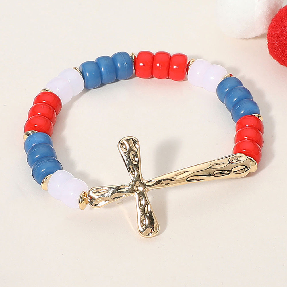 Madeline Love Gold, Multi Hammered Metal Cross American USA Flag Colored Beads Beaded Stretch Bracelet - Bracelets