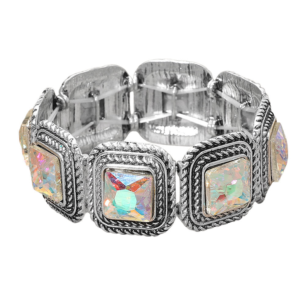 Madeline Love AB, Silver Burnished Vintage Square Stone Cluster Beaded Stretch Bracelet - Bracelets - desc