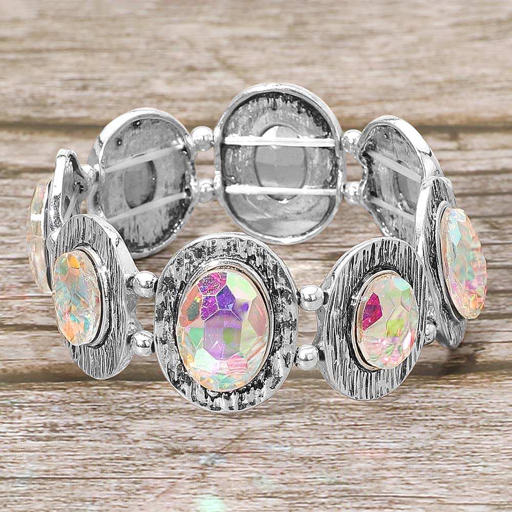 Madeline Love AB, Silver Burnished Vintage Oval Stone Cluster Beaded Stretch Bracelet - Bracelets