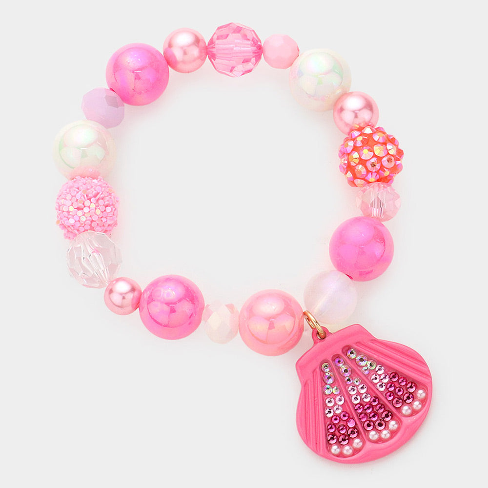 Madeline Love Pink Barbie Pink Shell Charm Pearl Multi Beaded Stretch Bracelet - Bracelets