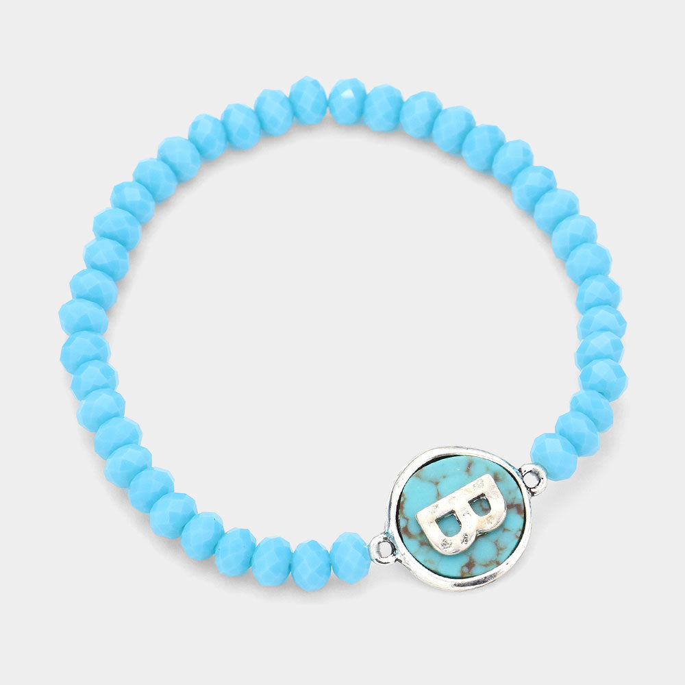 Madeline Love Turquoise -B- Initial Monogram Turquoise Charm Faceted Beaded Stretch Bracelet - Bracelets