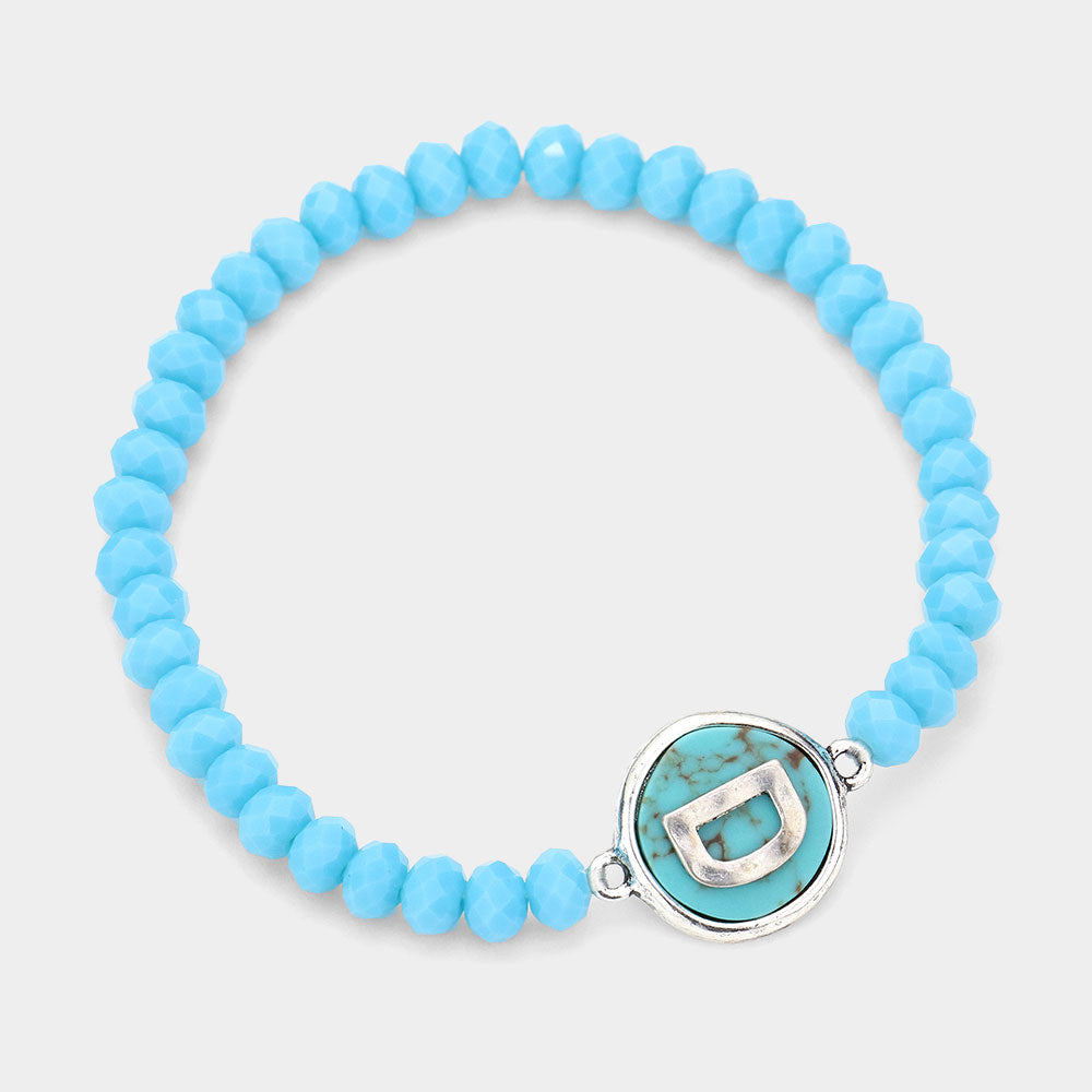 Madeline Love Turquoise -D- Initial Monogram Turquoise Charm Faceted Beaded Stretch Bracelet - Bracelets
