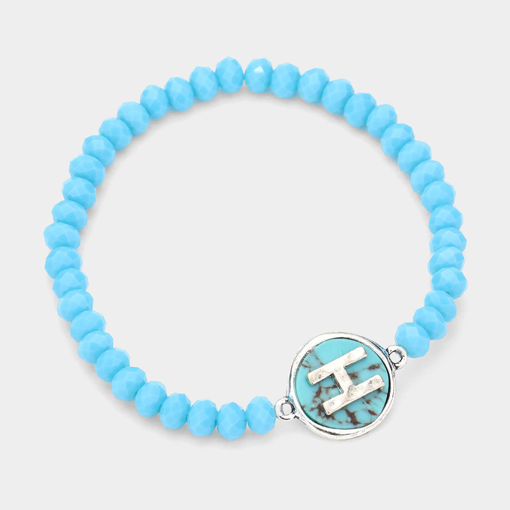 Madeline Love Turquoise -H- Initial Monogram Turquoise Charm Faceted Beaded Stretch Bracelet - Bracelets