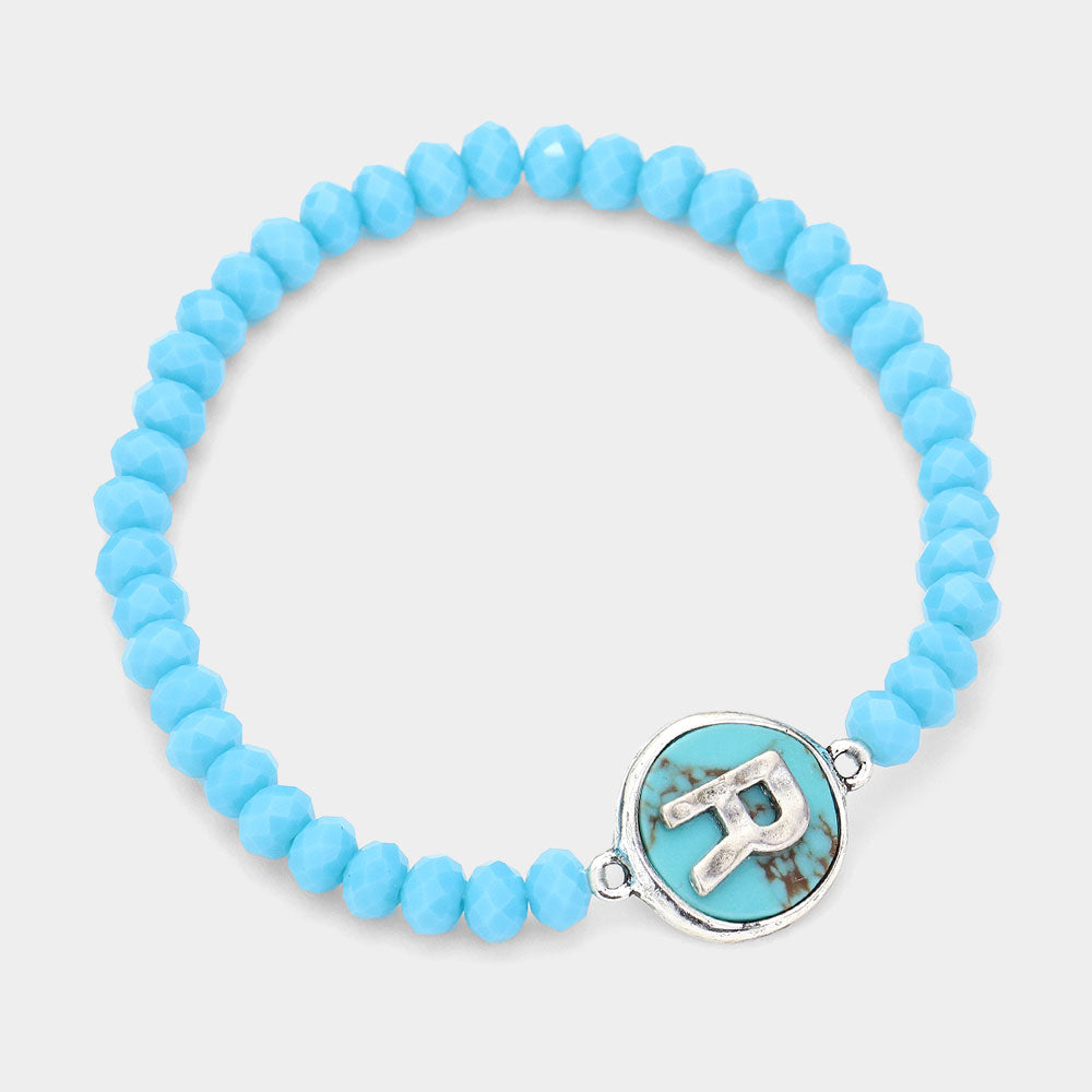Madeline Love Turquoise -R- Initial Monogram Turquoise Charm Faceted Beaded Stretch Bracelet - Bracelets