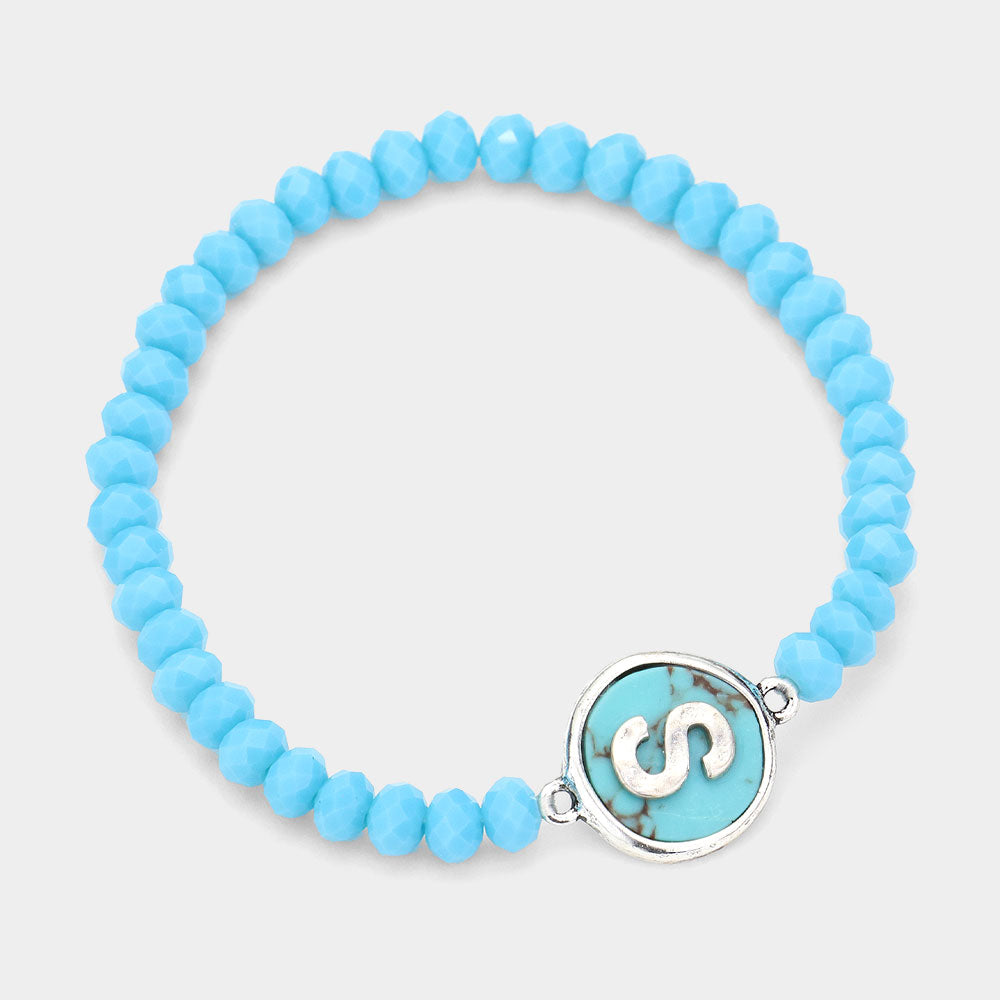 Madeline Love Turquoise -S- Initial Monogram Turquoise Charm Faceted Beaded Stretch Bracelet - Bracelets